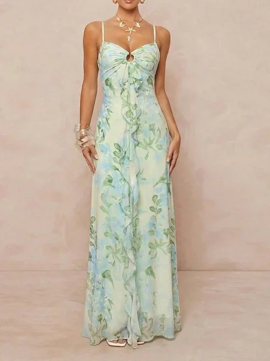 Multicolor Boho Women's Maxi Dress with Ruffle Overlay and Lace Back - Picture 3 of 6